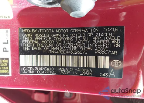 2019 Toyota Corolla Se z USA, uszkodzony, nr VIN JTNK4RBE4K3026575